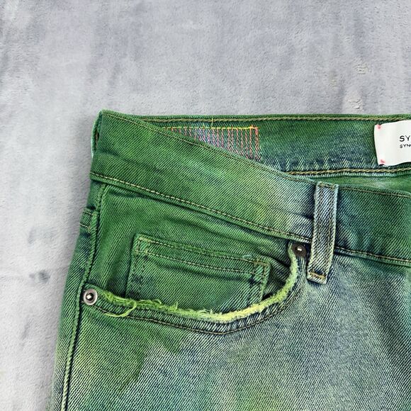 Sync Denim Jeans Mens Size 34 Green Tie Dye Distressed Skinny Jeans - Picture 5 of 16